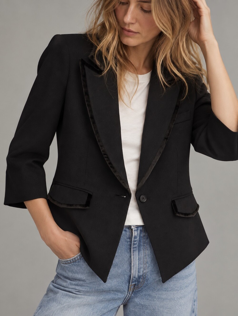 Elizabeth and James Black Wool Tuxedo Blazer Velvet Trim Womens Size 4